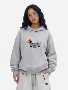 Grey Cozy Pup embroidered hoodie model view | kuvoq-color-grey