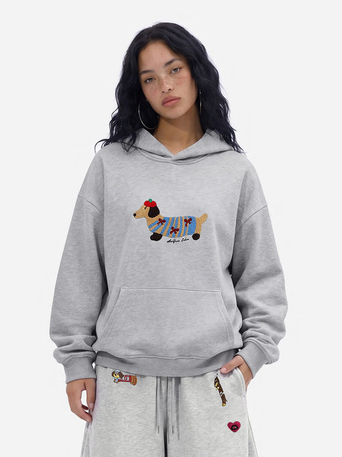 Grey Cozy Pup embroidered hoodie model view | kuvoq-color-grey