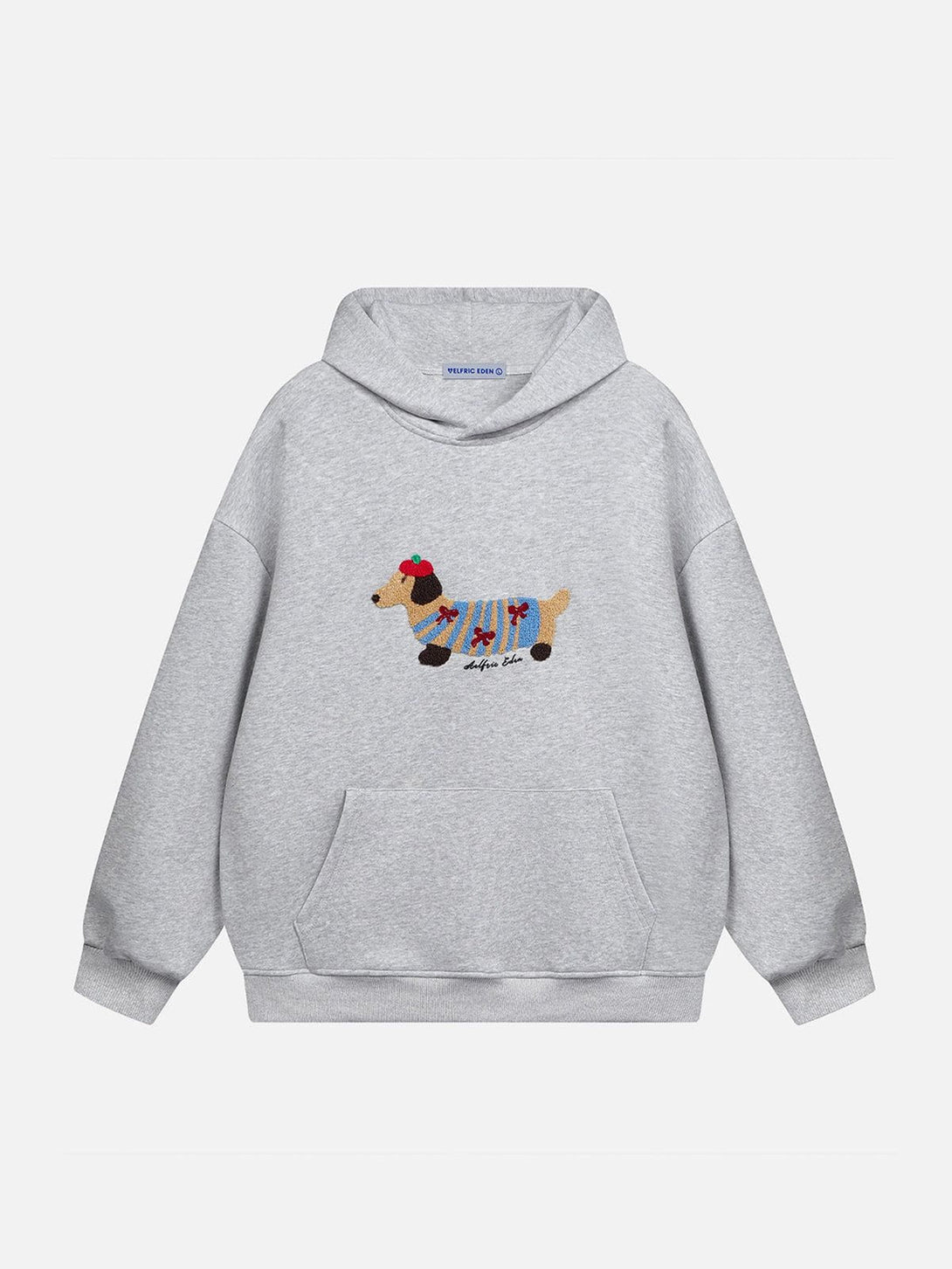 Grey Cozy Pup embroidered hoodie front view | kuvoq-color-grey