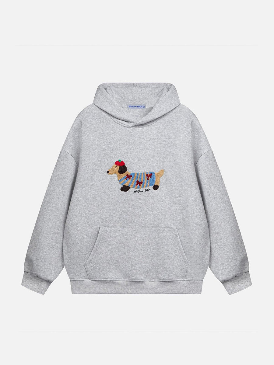 Grey Cozy Pup embroidered hoodie front view | kuvoq-color-grey