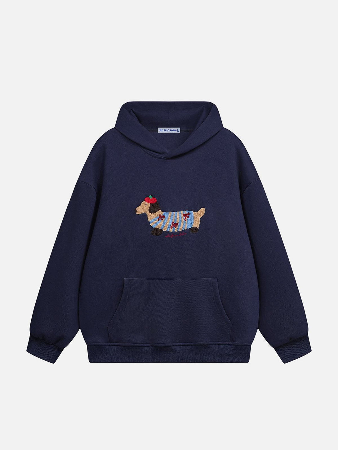 Navy Blue Cozy Pup embroidered hoodie front view | kuvoq-color-navy-blue